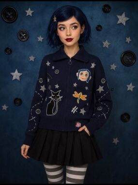 Laika Coraline SOLD OUT Icons Navy Blue Zip Sweater 15th Anniversary. Box Lunch